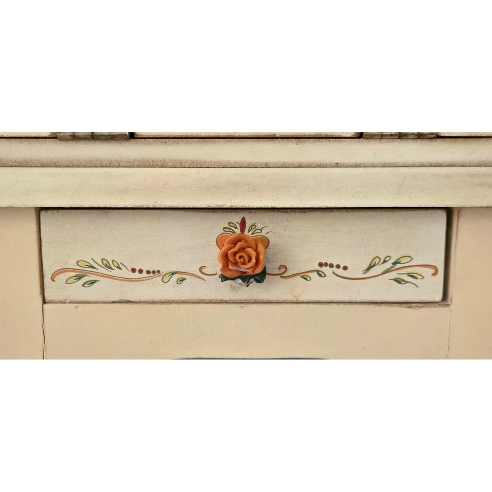Vintage Hand Painted Floral Heart Wooden Jewelry Armoire Mini Vanity Chest 16in